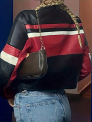 Leather Contrast Stitch Zip Motorcycle Style Outdoor Sports Jacket