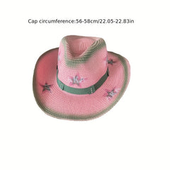 Y2K Pink Star Cowboy Hat Distressed Straw Sunshade Travel Beach Hats