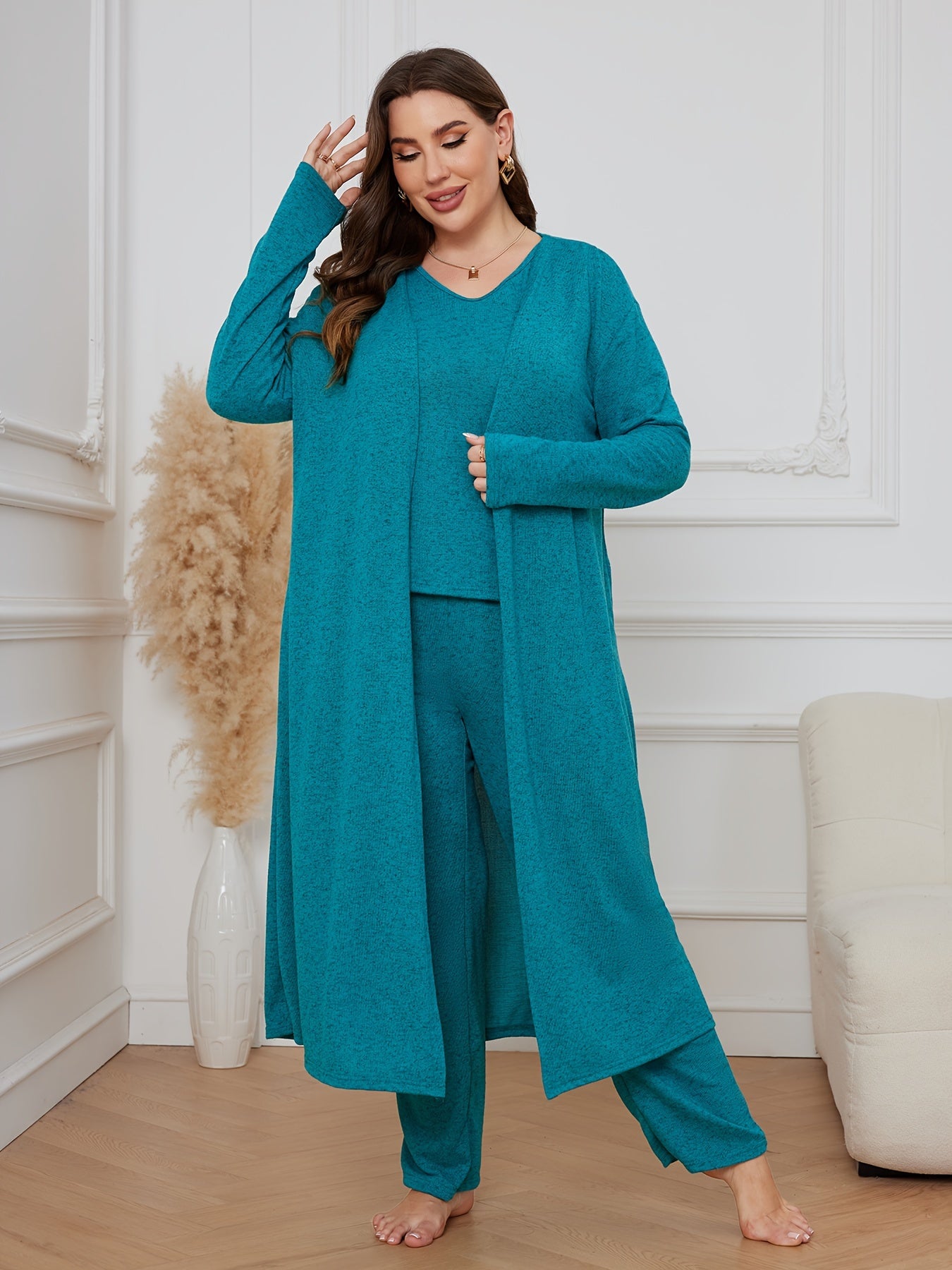 3 Piece Lounge Set Solid Long Sleeve Robe & V Neck Tank