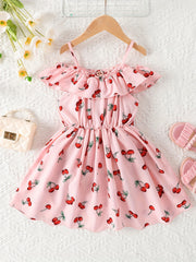 Girls Cherry Print Ruffle Shoulder Sleeveless Dress for Summer