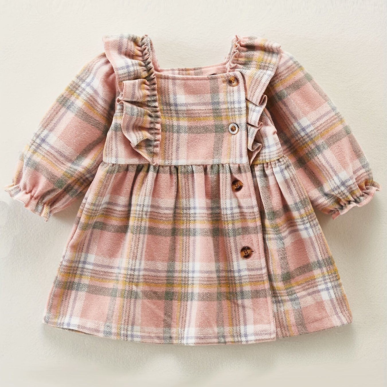 Baby Girl Plaid Print Ruffle Sleeves Thick Dress
