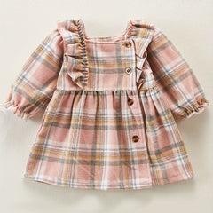 Baby Girl Plaid Print Ruffle Sleeves Thick Dress