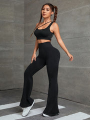 2Pcs Solid Asymmetrical Neck Crop Top & High Waist Seamless Running Pant Set
