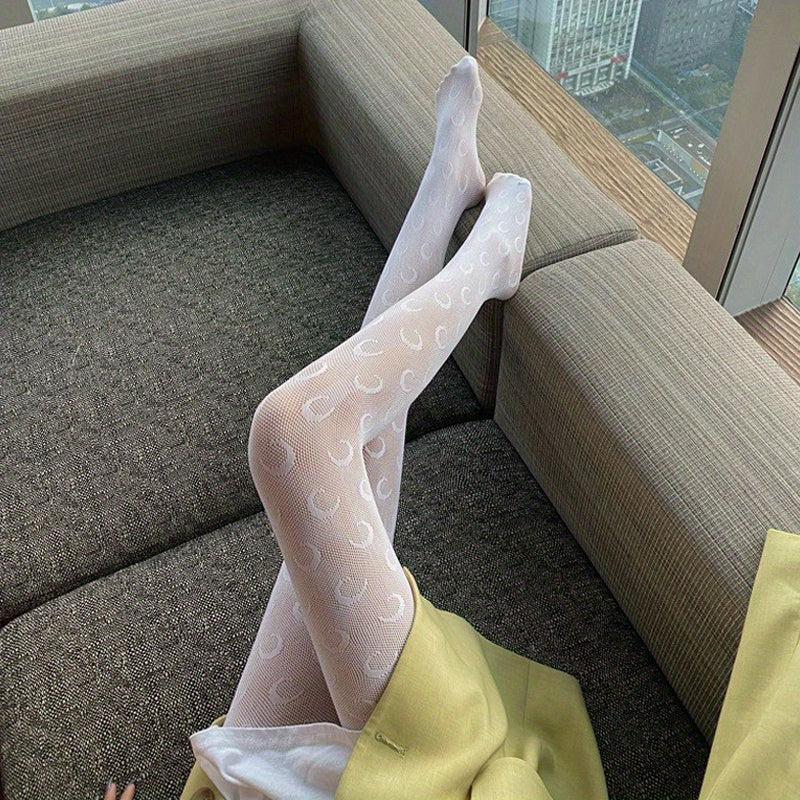 Moon Pattern Fishnet Tights High Waist Mesh Pantyhose Women's Stockings