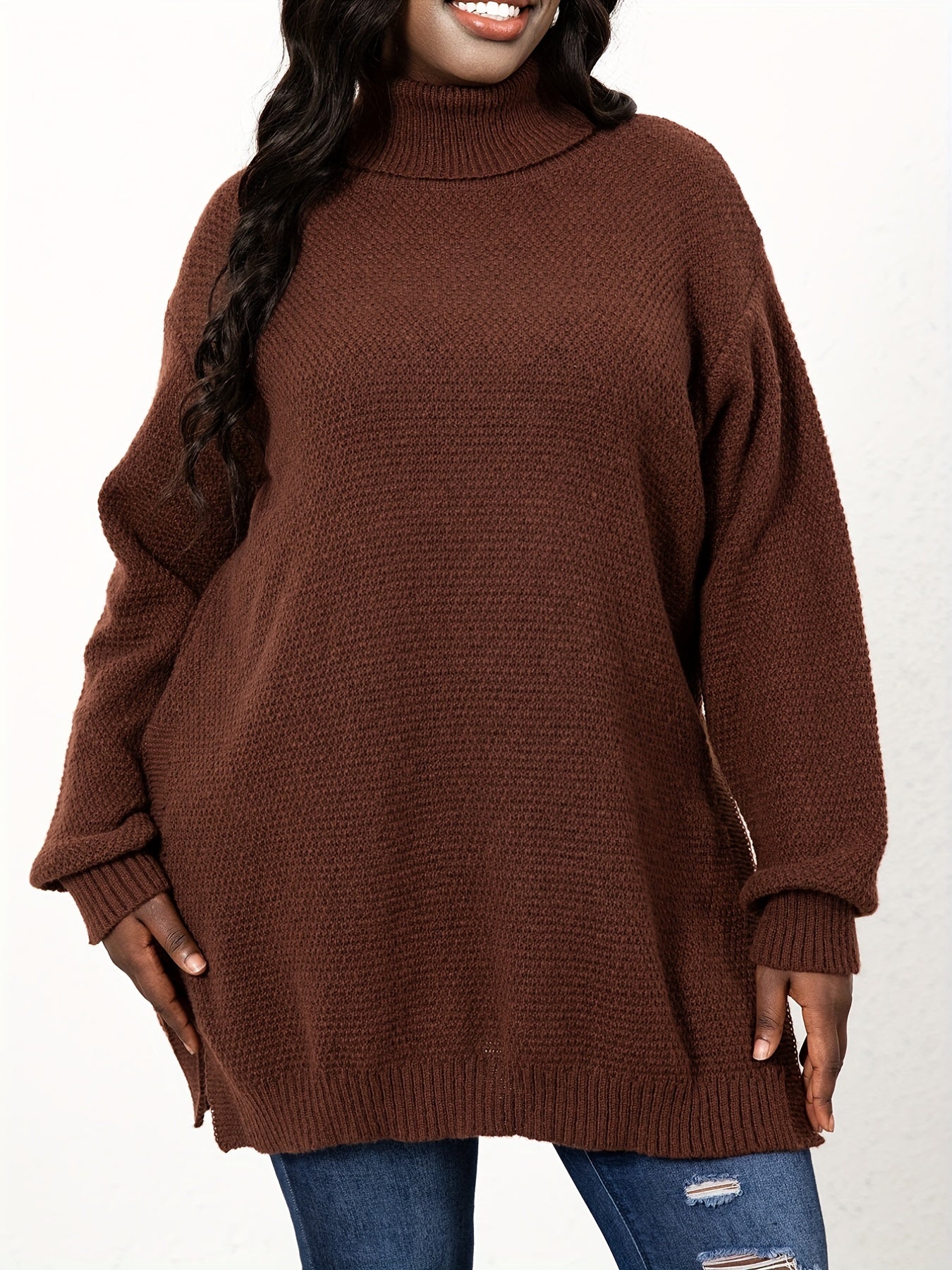 Turtle Neck Knit Side Slit Sweater Women's Plus Solid High Stretch