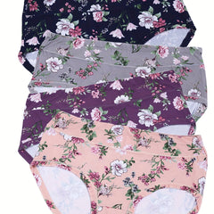 4 Pack Plus Size Panties Set Women's Plus Floral Print High Stretch Briefs