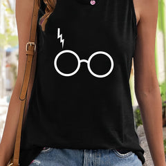 Glasses Print Sleeveless Sports Vest Round Neck Casual Tops