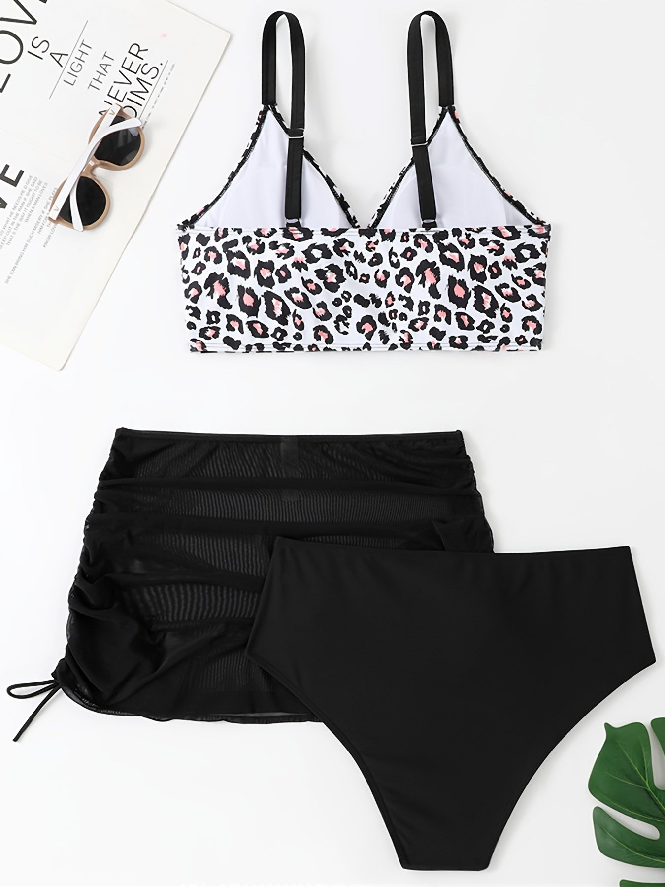 Leopard Print 3pcs Swimsuit Set Plus Size