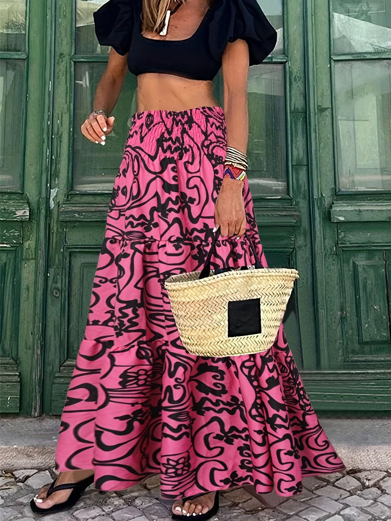 Abstract Print High Waist Boho Maxi Skirt Women's Clothing