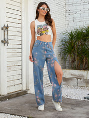 Front Split Pink Floral Print High Rise Denim Pants