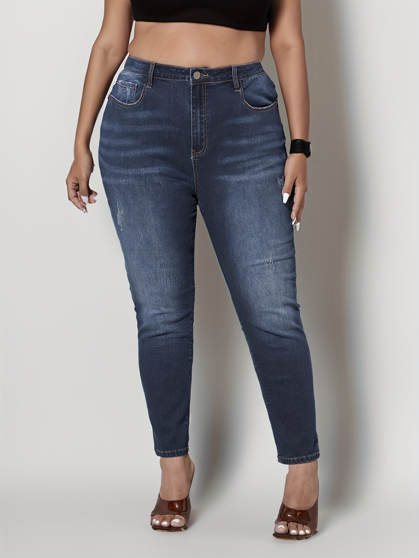 High Stretch Skinny Jeans, Washed Ripped Button Fly