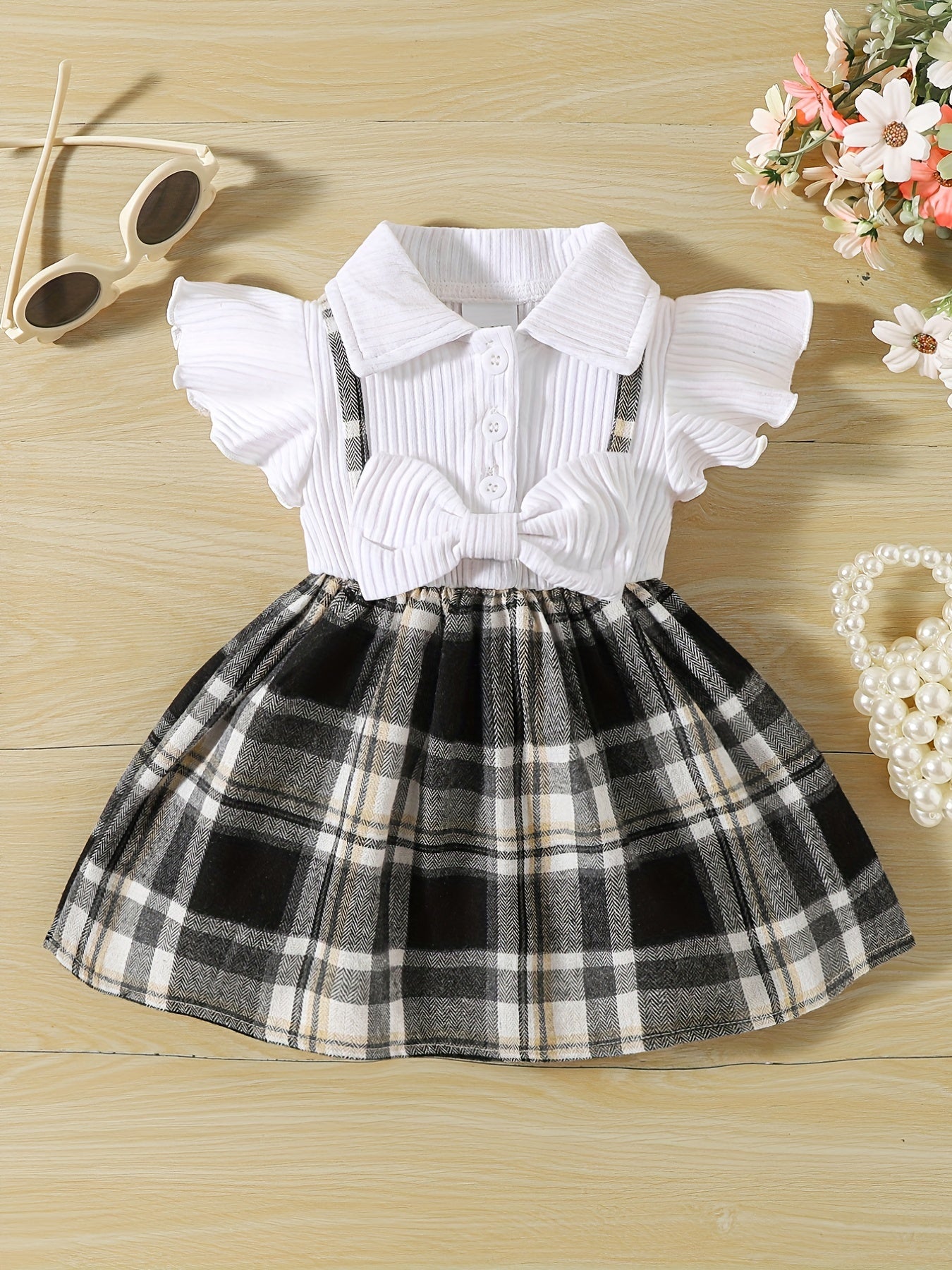 Girl's Casual Plaid Bowknot Flutter Sleeve Dress