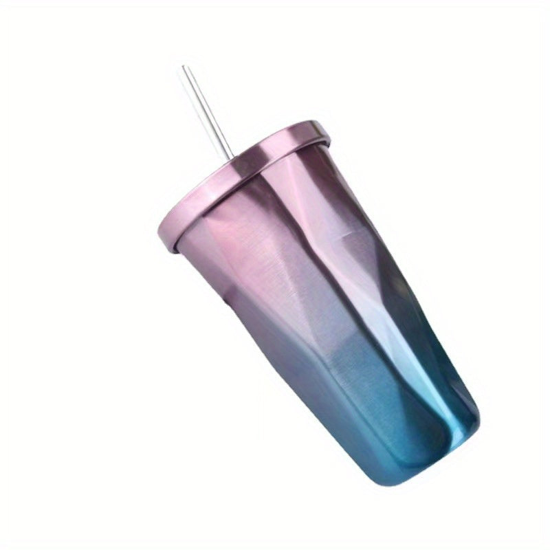 500ml Gradient Straw Water Cup Stainless Steel Bottle Outdoor Sports Fitness