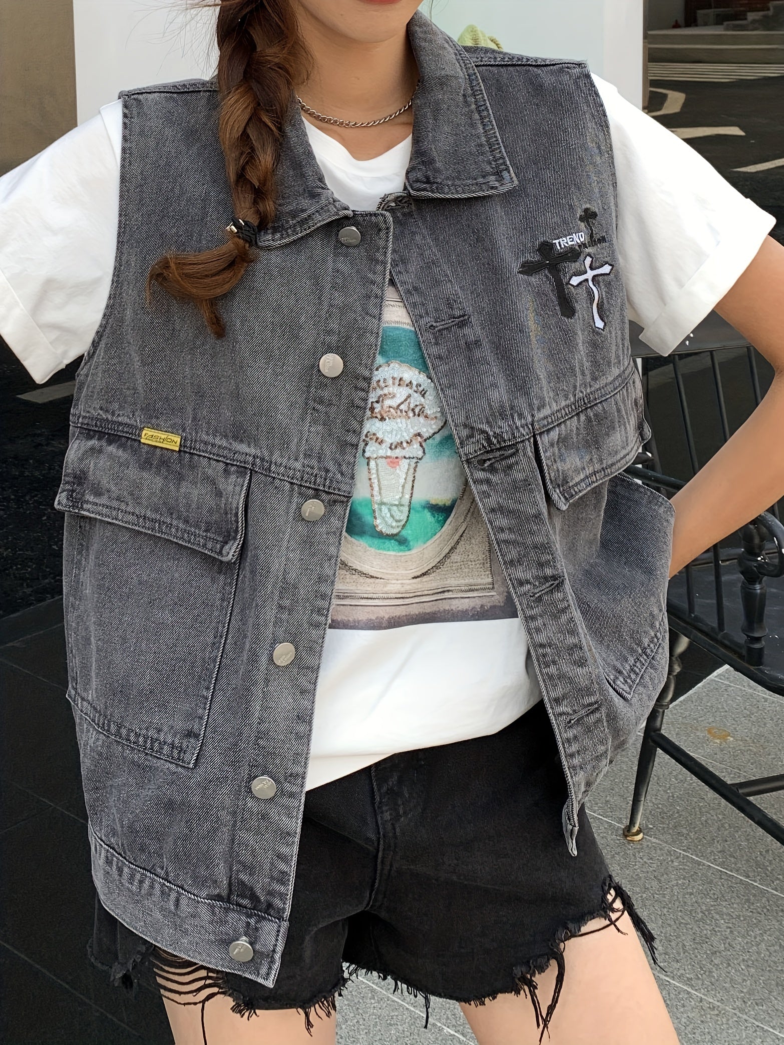 Denim Jacket Vest Women's Cross Print Lapel Collar