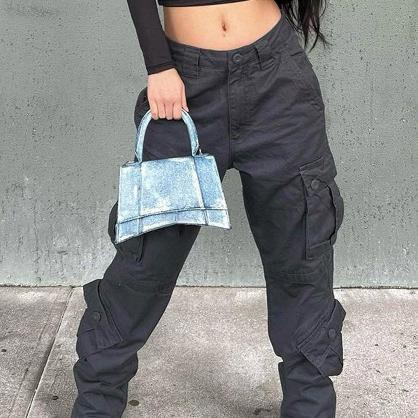 Dark Gray Cargo Pants Relaxed Fit Straight Leg Jeans Y2K Vintage Style