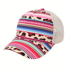 Boho Print Ponytail Trucker Hat Mesh Pink Baseball Cap