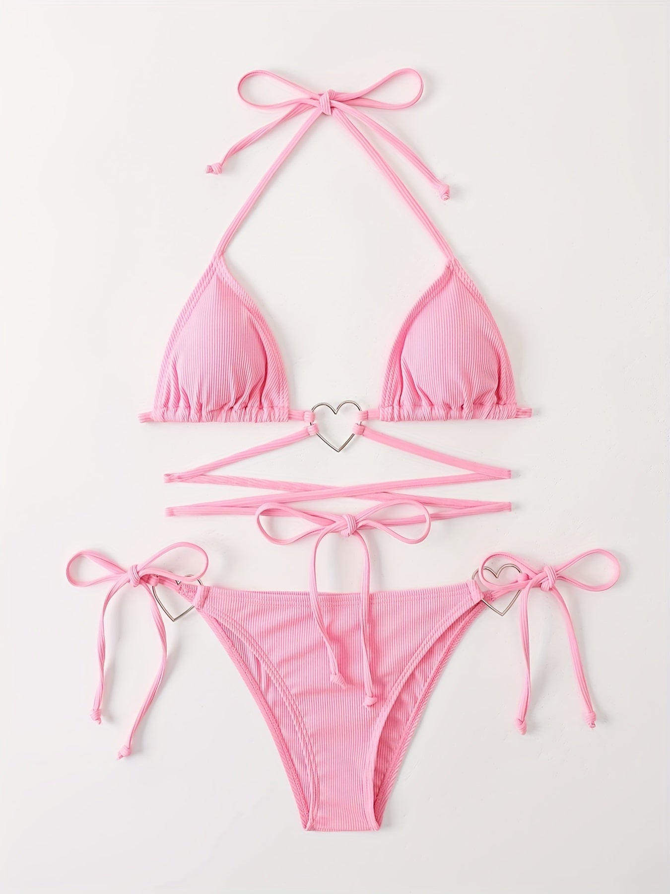 Heart Linked Halter Neck Rib Knit Bikini Set