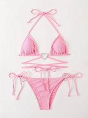 Heart Linked Halter Neck Rib Knit Bikini Set
