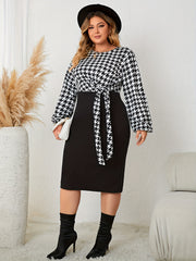 Colorblock Houndstooth Lantern Sleeve Midi Dress