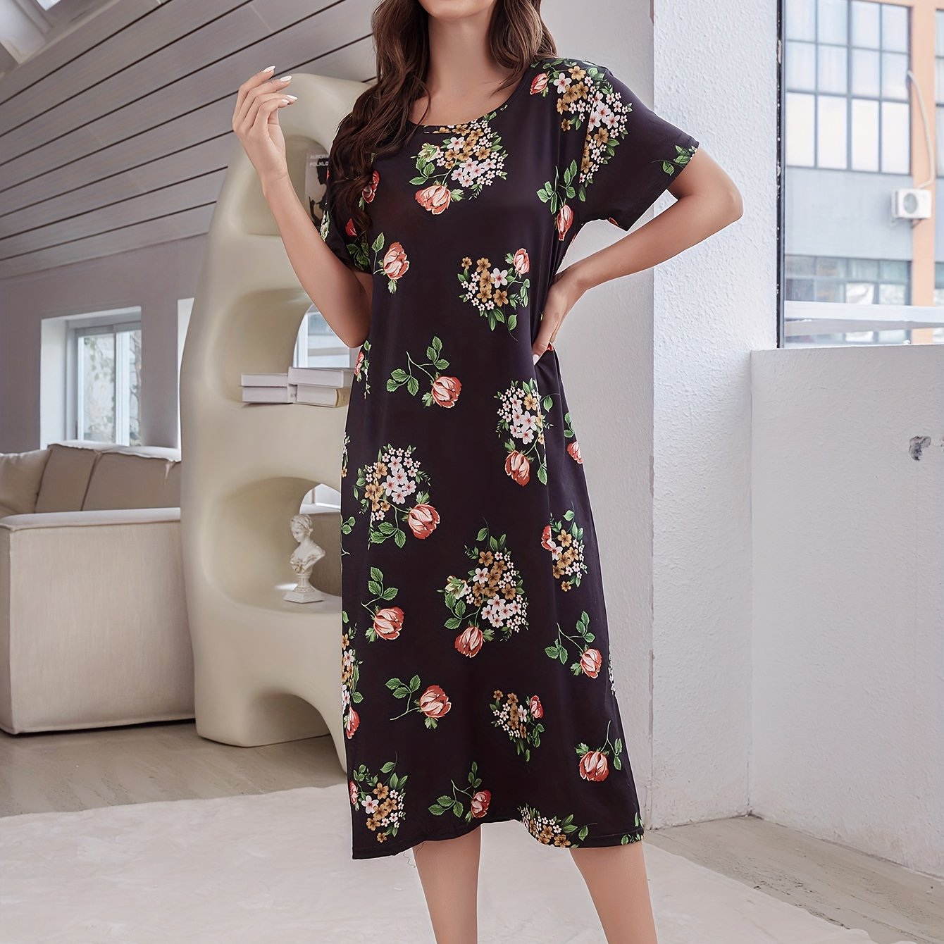 Floral Print NightDress Short Sleeve Pajama Dress Women's Sleepwear