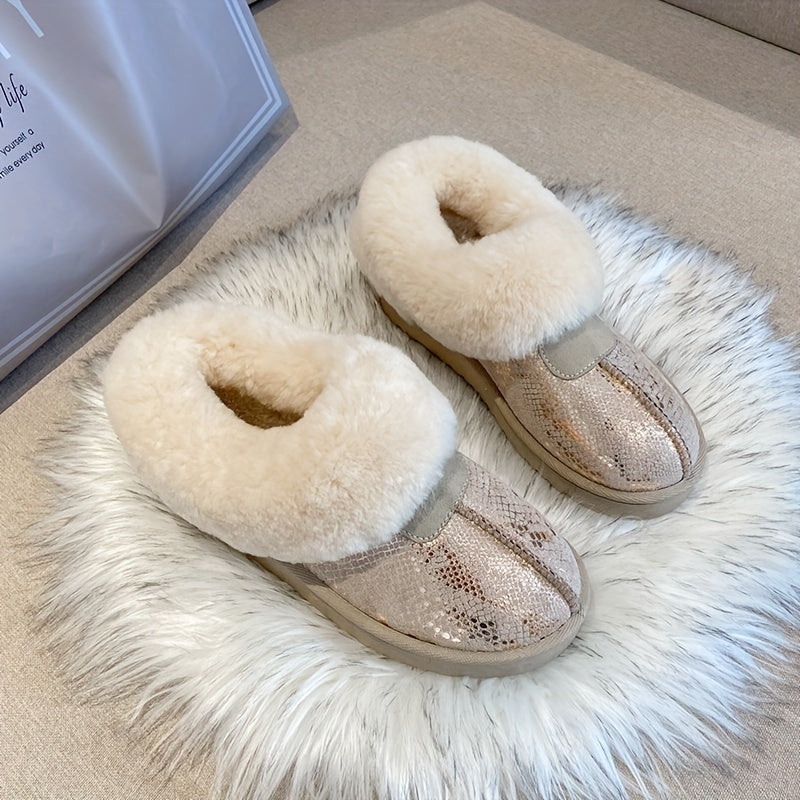 Women's Snakeskin Short Boots Slip-On Plush Lined Winter Boots