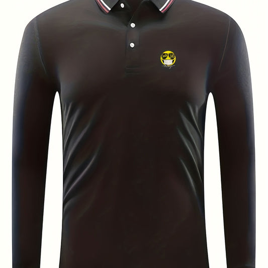 Cartoon Face Print Men's Casual Long Sleeve Polo Shirt