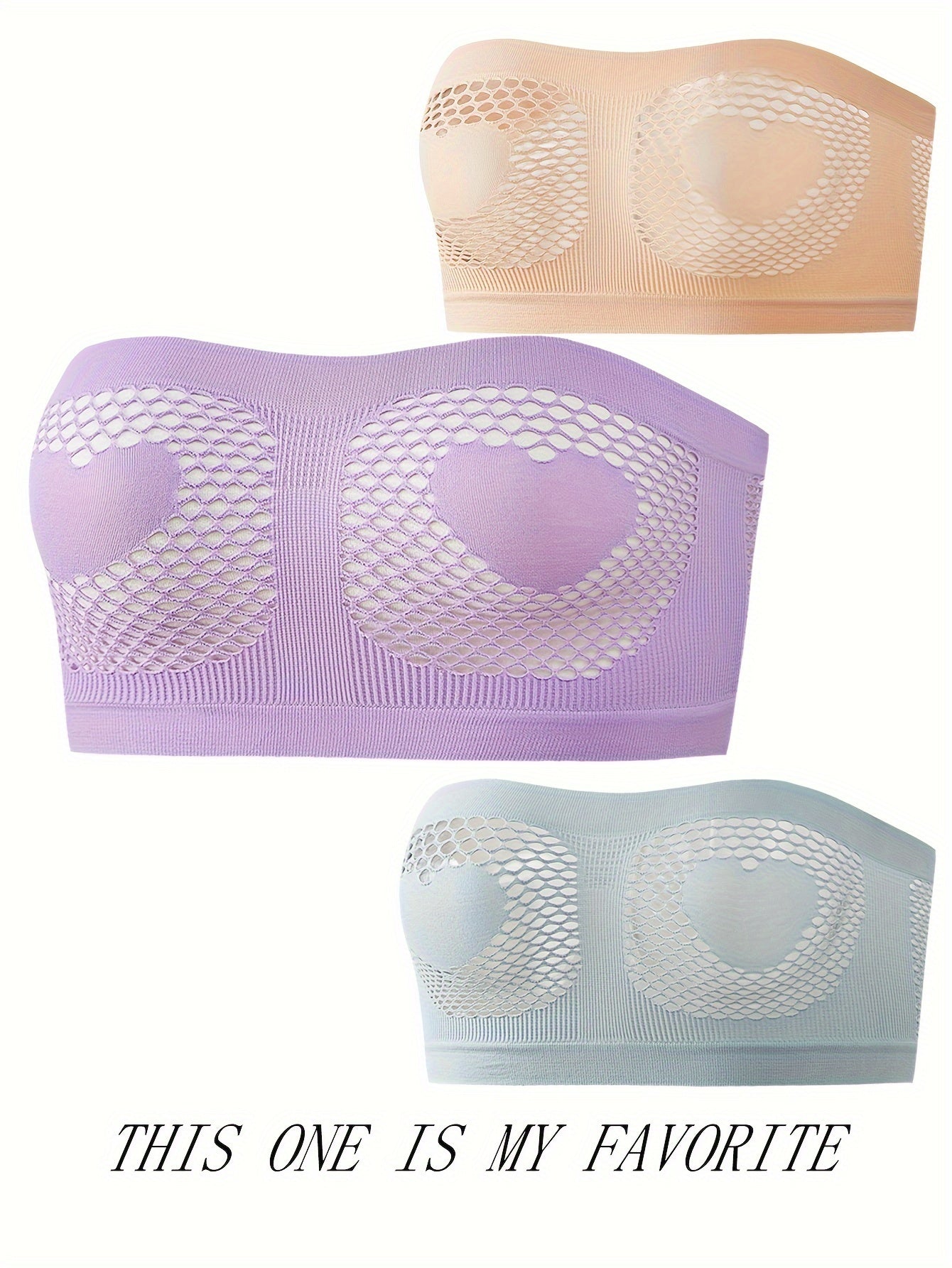 3pcs Heart Pattern Bandeau Bra Strapless Stretch Bra Women's Lingerie