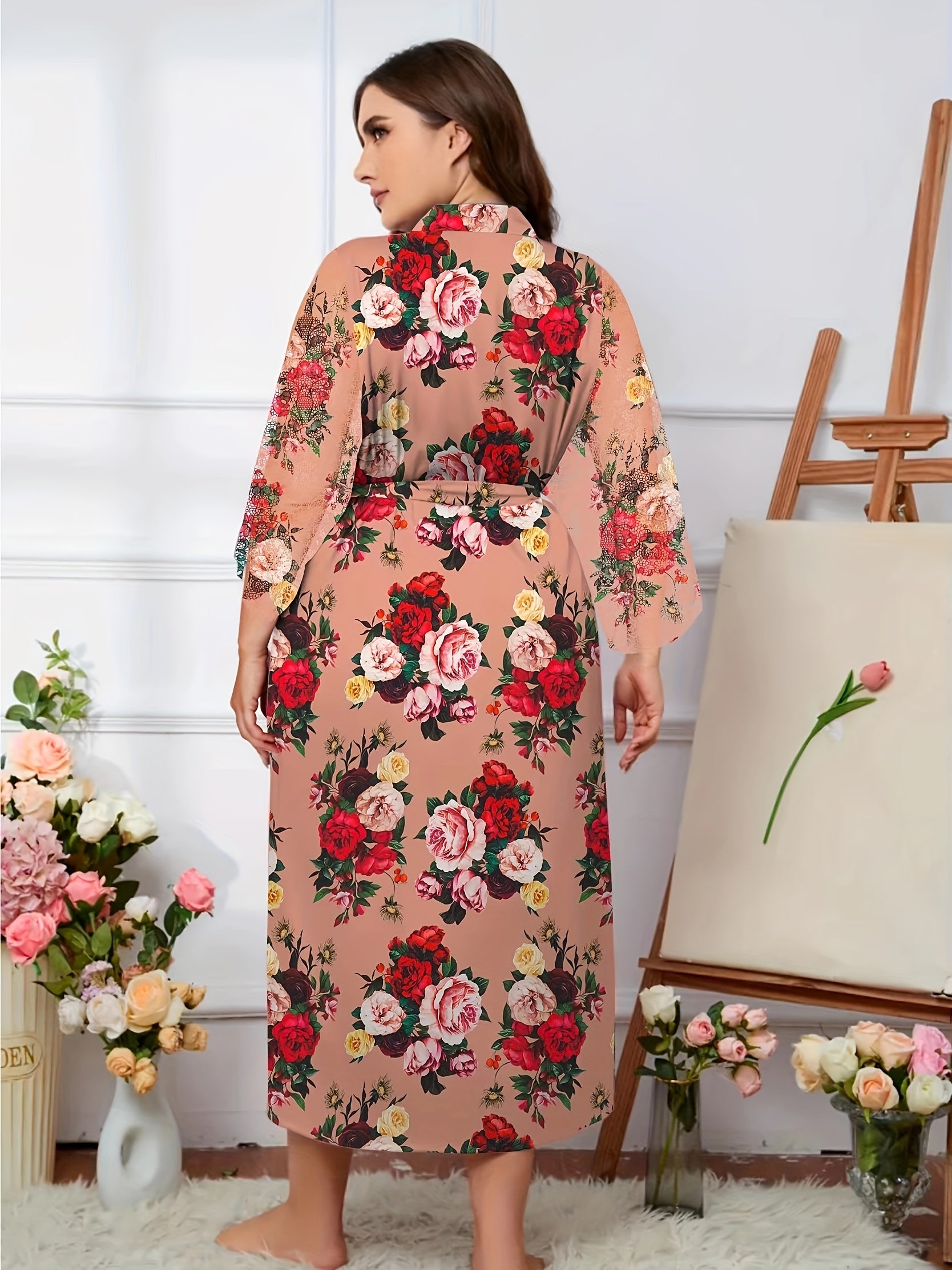 Lace Long Sleeve Robe Open Front Belted Bathrobe