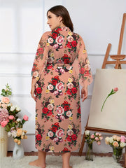 Lace Long Sleeve Robe Open Front Belted Bathrobe