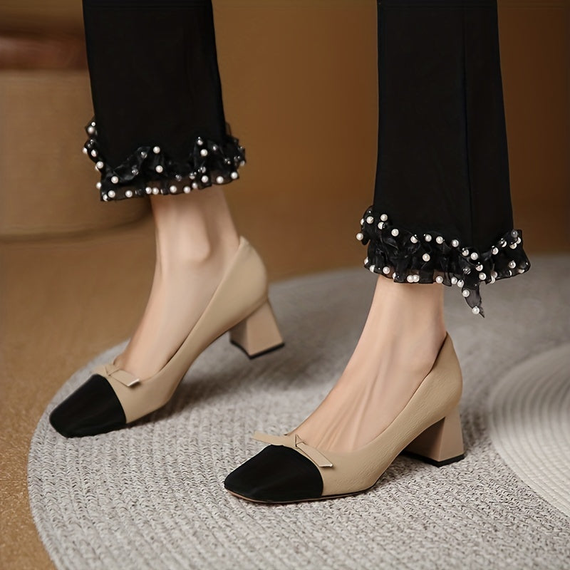 Chic Bowknot Chunky Heels Square Toe Mid Heel Shoes