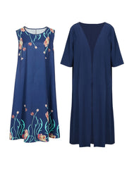 Plus Floral Print Dress & Cardigan Two Piece Set