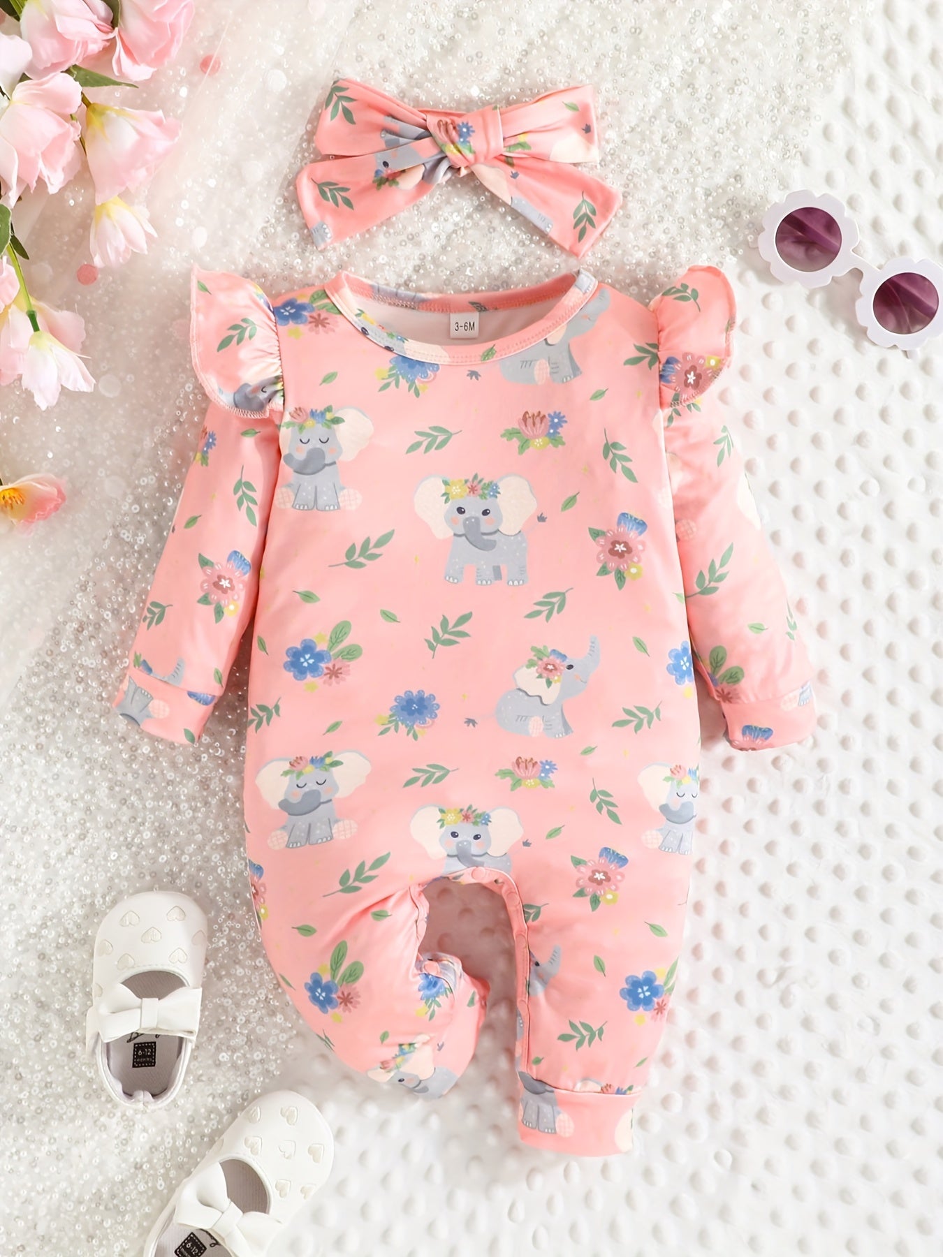 Elephant Graphic Romper & Headband Set for Baby Girls