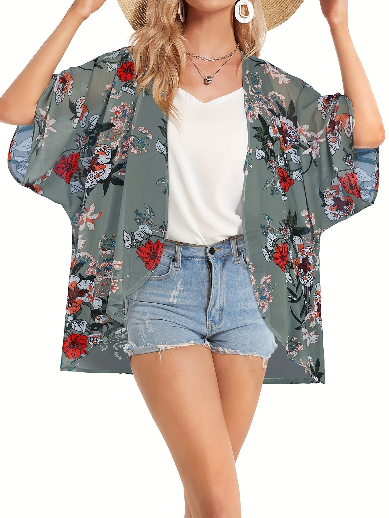 Floral Pattern Cover Up Shirt V Neck Semi Sheer Casual Beachwear Cardigan