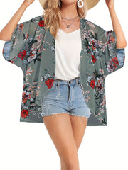 Floral Pattern Cover Up Shirt V Neck Semi Sheer Casual Beachwear Cardigan
