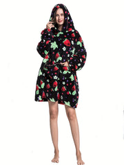 Strawberry Pattern Flannel Hoodie Nightgown