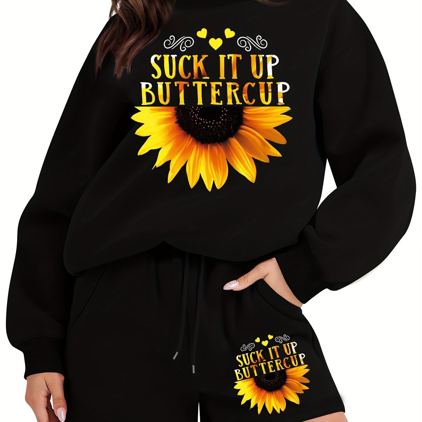 Sunflower Print Long Sleeve Sweatshirt & Shorts Set