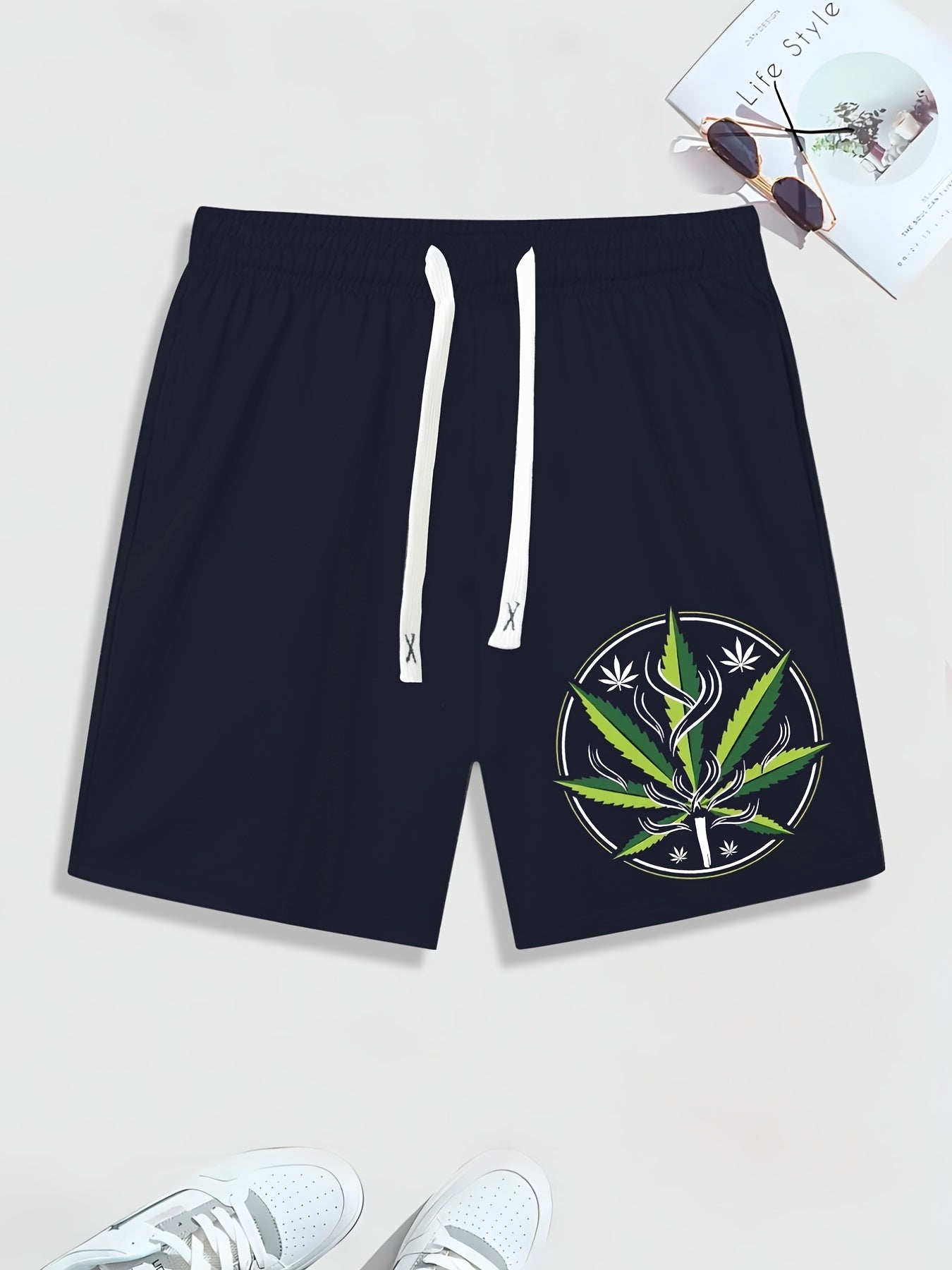 Leaf Print Men s Casual Drawstring Shorts