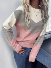 Block Crew Neck Sweater Long Sleeve Casual Fall Winter Women's