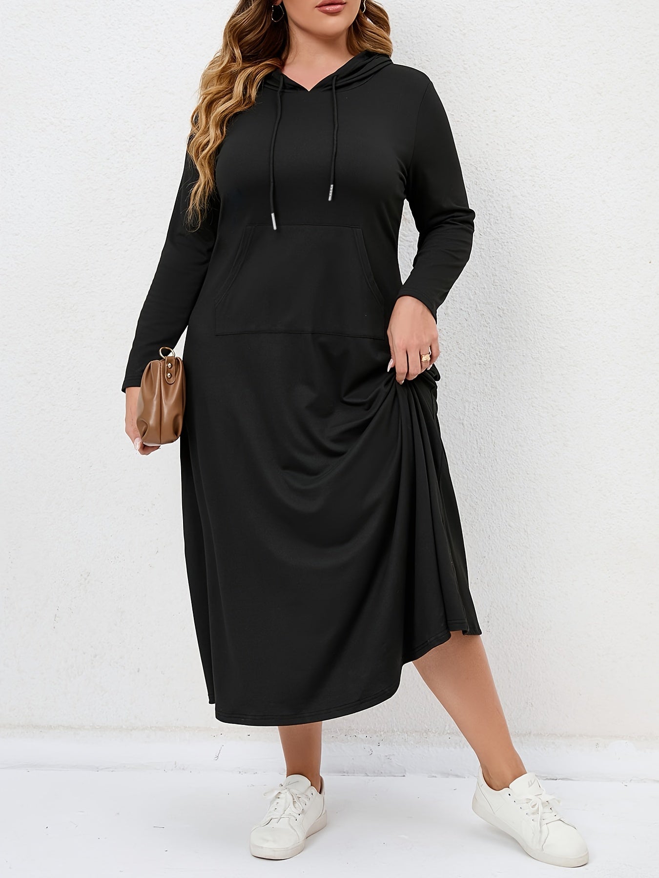 Solid Hooded Drawstring Maxi Dress