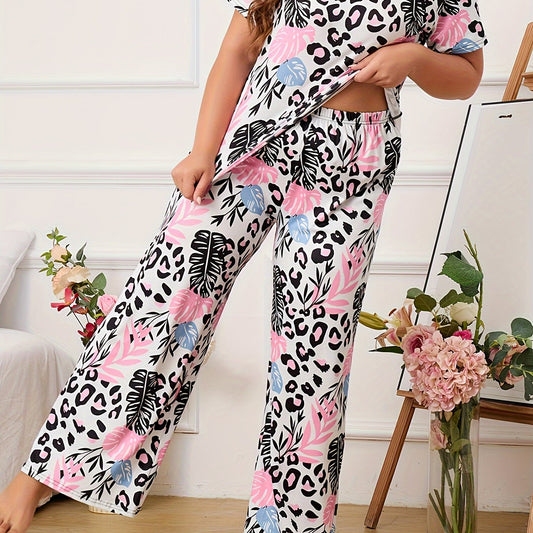 Leopard & Tropical Print Pajama Set Short Sleeve T shirt & Pants