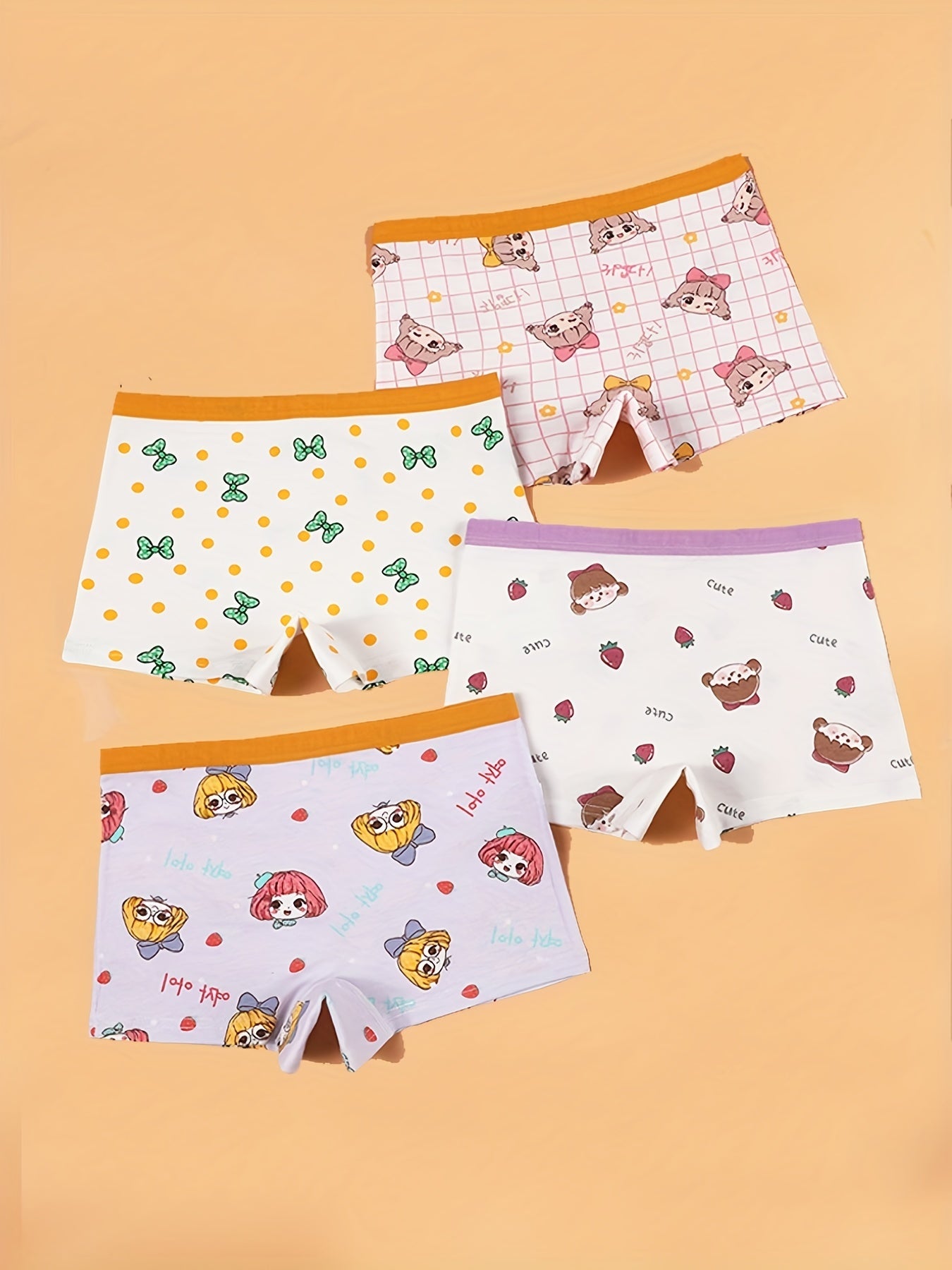 4pcs Cartoon Girl's Cotton Boxer Briefs Elastic Waist Shorts