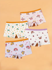 4pcs Cartoon Girl's Cotton Boxer Briefs Elastic Waist Shorts