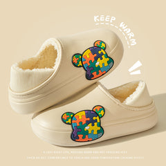 Colorful Bear Decor Slippers Faux Leather Plush Lined Shoes