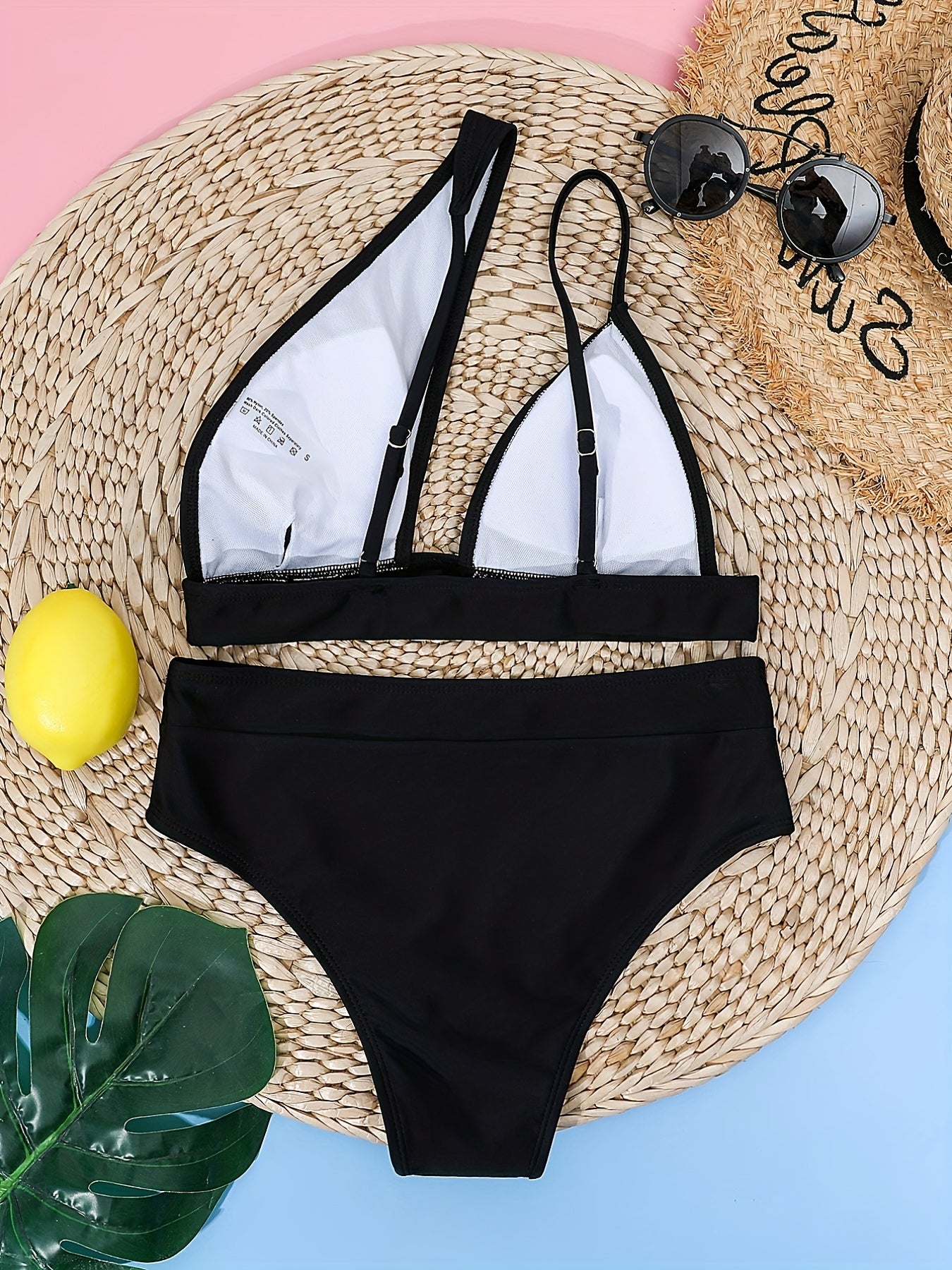 One Shoulder Asymmetric Bikini Set Solid High Stetch 2 Piece Swimsuit
