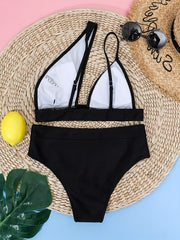 One Shoulder Asymmetric Bikini Set Solid High Stetch 2 Piece Swimsuit