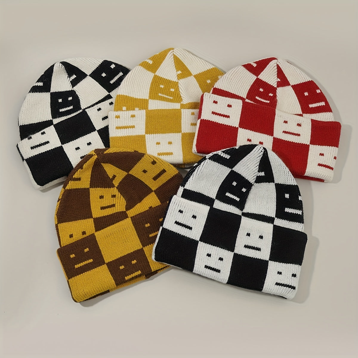 Checkerboard Smiling Beanie Jacquard Wool Knit Hat Unisex Couple Skull Cap
