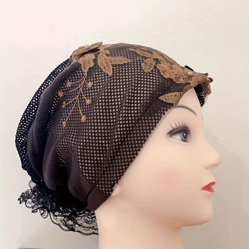 Flower Embroidery Turban Cap Faux Pearl Decor Lace Beanie Ramadan Head Wrap