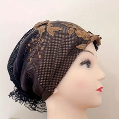 Flower Embroidery Turban Cap Faux Pearl Decor Lace Beanie Ramadan Head Wrap