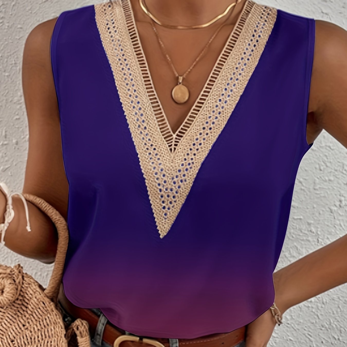Lace Trim Tank Top Gradient Sleeveless Summer Top