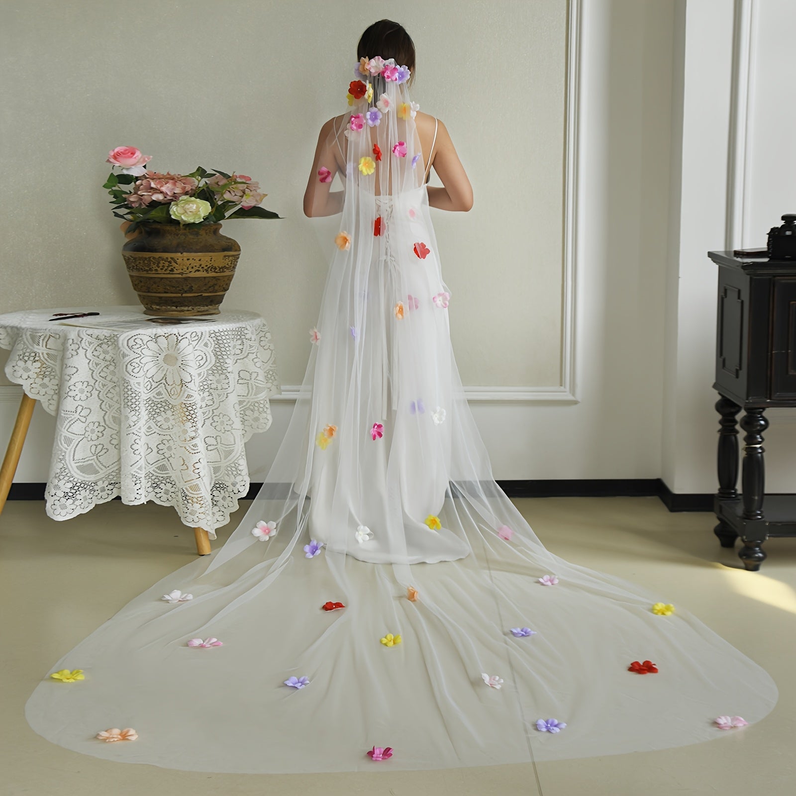 Colorful Flower Bridal Wedding Veil with Hair Comb